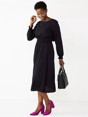 croft & barrow Black Long-Sleeve Smocked-Waist Midi Dress